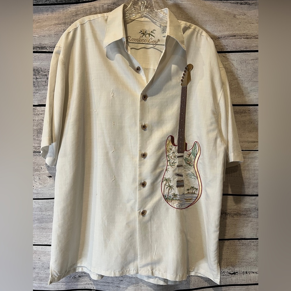 Bamboo Cay Embroidered Guitar Music Button-Up Shirt Hawaiian Unique Short Sleeve - Picture 2 of 9